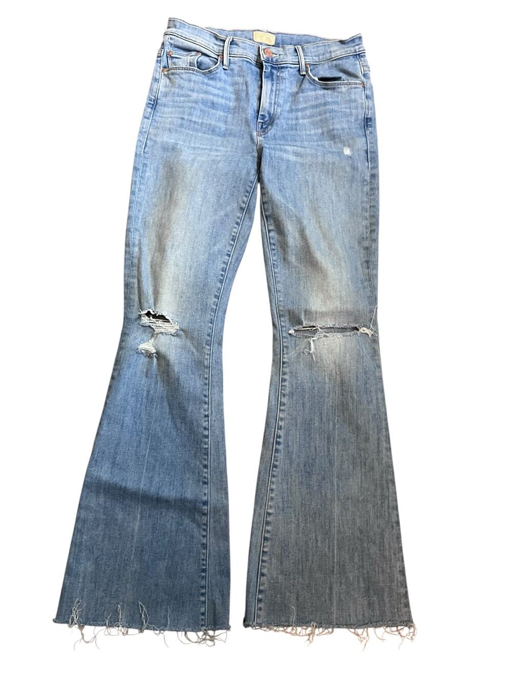 MOTHER The Weekender Fray Jeans 28 Distressed Flare Raw Hem Light Wash Retro
